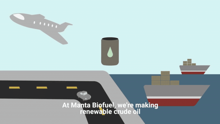 Illustration of airplane with text, "At Manta Biofuel, we're making renewable crude oil."